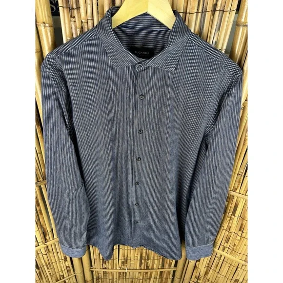 BUGATCHI Ooocotton Tech 8 Way Stretch Long Sleeve Shirt Large‎ Blue Brown Stripe - Picture 3 of 16
